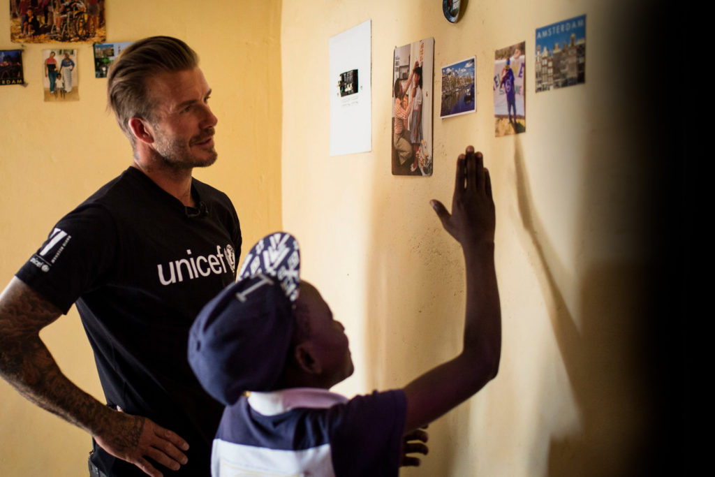 UNICEF Goodwill Ambassador David Beckham meets Sebenelle, 14, in Makhewu, Swaziland, on June 7, 2016, who receives the 7 Fund support in management of malnutrition in HIV positive children.